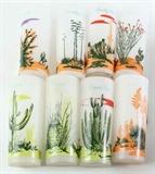 Lot#:	43
Description:	Vintage Set of 8 Arizona Cactus Blakely Glasses
Vintage Mid Century Blakely gas stations frosted juice / beverage glassware. Great nostalgic Arizona Route 66 items! Blakely had a give-away program offering a “free Arizona cactus tumbler” to anyone purchasing 10 gallons of gas in the 1950's. There were 8 different cactus designs: Barrel, Century Plant, Cholla, Ocotillo, Organ Pipe, Prickly Pear, Saguaro, and Yucca. The set is in excellent condition with no chips, cracks or repairs! Glasses measure 6.5” tall.
Tag words: drinkware, tableware, beverageware, cup, advertising