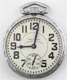 Lot#:	1
Description:	Vintage Waltham Railroad 23 Jewel Pocket Watch
Waltham Railroad Pocket Watch, Size 18, Silver toned ornate case with filigree, open face, white porcelain enamel dial w/ sub dial, black Arabic numerals, blue hands, 23 jeweled movement marked VANGUARD WALTHAM USA -- 23 JEWELS -- 6 POSITIONS; inside case back marked DEFIANCE -- 6694636; outside case is unmarked with blank monogram field and vertical striping. Watch is not currently running.
From Internet: "The Waltham Watch Company, also known as the American Waltham Watch Co. and the American Watch Co., produced about 40 million high quality watches, clocks, speedometers, compasses, time fuses, and other precision instruments between 1850 and 1957. The company's historic manufacturing facilities in Waltham, Massachusetts have been preserved as the American Waltham Watch Company Historic District."
Tag Words: Vintage timepiece, Railroad, Western