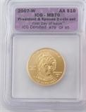 Lot#:	306
Description:	Coin 2007-W $10 Gold Adams Spouse ICG MS70
2007-W $10 Gold Adams Spouse Coin, ICG/ Independent Coin Graders graded as Mint State/ MS70, West Point minted 20,000.
From internet: "The United States is honoring the spouses of each of the Presidents honored by the Presidential $1 Coin Act by issuing half-ounce $10 gold coins featuring their images, in the order they served as First Spouse, beginning in 2007. To date, all first spouses have been women (often called First Ladies), but the law uses the term "First Spouse"."
No Sales Tax on Coins, Currency, or Bullion.
Tag Words: Numismatics, Coins, Currency, Money, Collectable, Retirement, Investment, Financial.