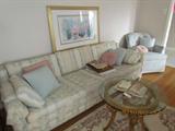 3 Piece Pastel Sofa Set (sofa, loveseat, chair). Guilded Small Glass Top Table.