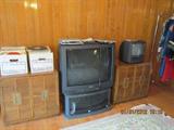 TVs; 33 1/3 Albums; Two Storage End Tables w/ brass handles.