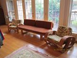 Paul Frankl Set: Flat Bed Sofa, 5-Band Rattan Chair, 3-Band Rattan Chair. Great for a Sun Room.