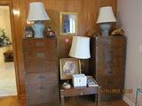 Two 6-Drawer Cabinets w/ brass handles. Two Lamps. Gold Framed Mirror. Pictures.