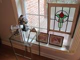 Small Glass Top Table. Hummingbird Lamp & Tisssue Cover. Stain Glass. Pictures.