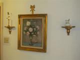 Gold-Colored Floral Picture & Sconces.