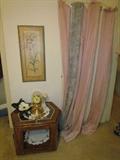 Two sets of drapes w/ draping fabric. Six-sided Accent Table. Anniversary Clock.