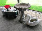 Yard Concrete Birdbath & Swan. Garden Rolling Seat.