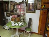 Beautiful Parlor Table & Chairs. Cups & Saucers. Wood Mold. Mirrored Window w/ grapevines. Palm Tree Pictures.