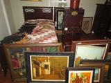 Two Mahogany Twin Beds. Pictures. Two Oriental Woven Chests w/ brass latches. Quilts. Ties.