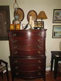 Mahogany Gentlemen's Chest. Lamps. Etched Tiles. Brass Glove Stand. 1920's Pictures. Glass Beaded Shade Lamp.