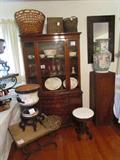 Hand-Woven Baskets. Longberger Baskets. Mahogany China Cabinet. South American Pottery on wood stands.Wood Carved Mirror.  Large Oriental Urn on wood stand. Marble top stool or small table. Leather Top Metal Tables or Seats. Virginia Rose Dishes. Pink Depression Glasses.
