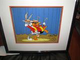 "Encore", 1985, by Chuck Jones. A brightly colored, rare cel that Jones did as a tribute to Bug's & Daffy's  dancing entrance to the tune 'This Is It!' during their weekly cartoon sho. Signed by Chuck Jones and numbered 113/200 Museum mounted and framed. One owner