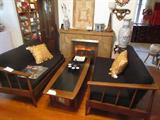 1950's Sofa & Coffee Table. Wall faux Fireplace w/ heater. South American Wood Carving Art. Tea Set. 1950's Ashtray.