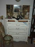 French Provincial Chest (Part of 3 piece Full Bedroom Set). Tri-Fold Mirror. Vintage Hats. Vintage Hankies. Vintage Gloves. 50's Rolling Plant Stand or Champagne Server.