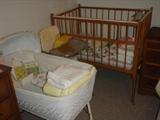 Wicker Bassenet. High Chair. Cribo-Playpen. Sheets, etc.