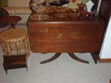 Duncan Phyfe Dining Table w/ 2 leaves. Small Curved Bamboo Table. Vintage Sewing Box.
