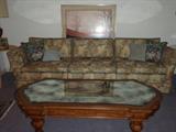 Large Dining Room Sofa. 1971 Thomasville Oak Coffee Table w/ beveled mirror and scalloped edges.