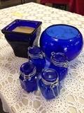 Cobalt Blue Candle, Bowl, and a Set of Small Mason Jars