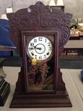 WML Gilbert 1903 Parlour Clock. Oak Case. Reverse Handpainted Glass - All Original. Dated and Marked. Brass Clockworks. Pendulum and Key Included.