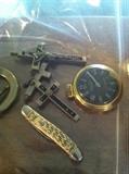 Old pocket watch, crosses & knife