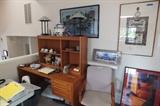 Art, desk, book shelves, lamps, home decor