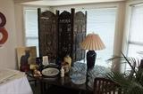 Handpainted folding screen $125.000 + Glassware and lamp. 