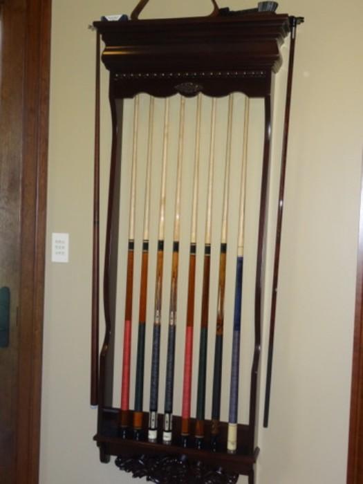 Brunswick Pool Stick Rack and Quality Cues