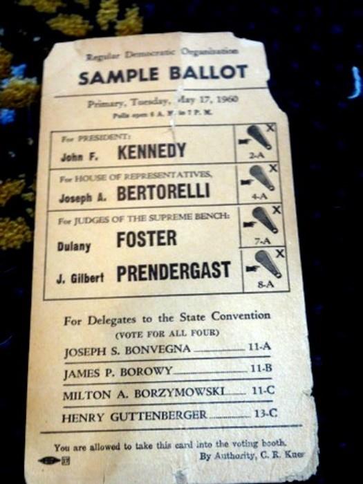 Here is an original, rare and wonderful item from the 1960 Presidential Campaign of John Kennedy.  It is a Democratic Sample Ballot naming John F. Kennedy for President.  Candidates for other offices are also noted. The Ballot is toned with age but is in remarkable shape.  It has the Union Made stamp on the bottom of the Ballot.  