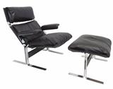 Saporiti Circa 1976 Black Leather and Chromed Steel Lounge Chair and Ottoman (Stock Photo)