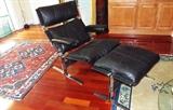 Saporiti Circa 1976 Black Leather and Chromed Steel Lounge Chair and Ottoman