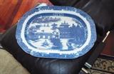 Antique Blue and White Canton Pagoda Staffordshire Platter (Repair on Edge)