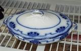 Antique Flow Blue Oval Lidded Serving Dish