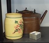 Antique Copper Tea Kettle and Hand Painted Yellow Ware Crock