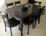 Crate and Barrel Kipling dining table; 6 chairs; one leaf. Anna Van Briggle pottery bowl with matching candleholders