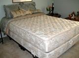 Queen size bed-mattress, boxspring, frame. Bedspread set.