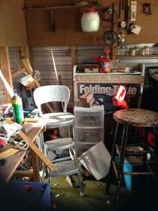 stools, yard sticks, misc garage items