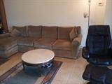 Ethan Allen sectional, marble top table, leather chair and ottoman 