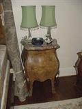 The night stand to match the burled walnut dresser, with 2 of the 1920's glass and fringed lamps