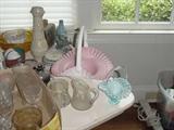 A few of the beautiful Fenton, and other brides baskets, and fine glassware