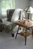 c1900 1/4-Sawn Oak Parlor Table with Barley Twist Legs - best quality.  Wing chair and leaded glass lamp are not old.