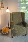Longaberger Basket (approximately one of 40) and like-new side chair and floor lamp