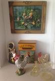 Rooster decor and Depression glass