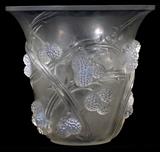 Lot#1006, RENE LALIQUE 'MURES' OPALESCENT GLASS VASE, C. 1930, H 7 1/2"Decorated in molded berry thorn branch motif. Stencil signed at underside, "R. Lalique, France". Circa 1930. Reference: Marcilhac, number 1058 (pg. 451).