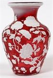 Lot#1007, CARVED CAMEO GLASS VASE, 19TH C., H 5 7/8"Hand blown. Cranberry crystal  with white chrysanthemum overlay. Probably Webb. Polished pontel.