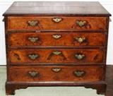Lot#1047, ENGLISH WALNUT FOUR-DRAWER CHEST, 18TH C., H 30", W 34", D 20", WITH SECRETARY/Four drawers, the top most having an inset desk with tooled leather top. Bracket feet.