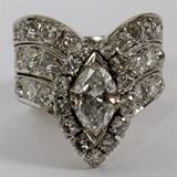 Lot#1069, VINTAGE 1.40CT MARQUISE DIAMOND RING, SIZE 8/14kt white gold vintage ladies ring, featuring a 1.40 carat marquise diamond at center, surrounded by 2.50 carats of old cut side diamonds. Measuring approximately 9.1 grams in total weight, size 8.