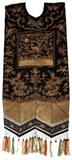 Lot#1139, CHINESE GOLD THREAD EMBROIDERED SILK GARMENT FRAGMENT, C. 1900, 39" X 17"Black silk embroidered with gold metallic thread with a crane in flight, hung with tasseled fringe, lined with blue silk.