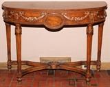 Lot#1154, MAHOGANY CONSOLE TABLE, C. 1920, H 35", W 46", D 18"Demi lune table with neoclassical motif.  Purchased from the K. T. Keller Estate.
