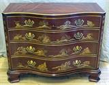 Lot#1155, BAKER FURNITURE CO. 'HISTORIC CHARLESTON' MAHOGANY FOUR-DRAWER CHEST, H 33",Having a gilt Chinoiserie design with brass pulls.  Baker label on interior of first drawer.