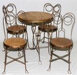 Lot#1168, VINTAGE CAFÉ TABLE & SET OF CHAIRS (4)Round table H 31" D 24". Four wire frame chairs with wood seats.  Five pieces total.